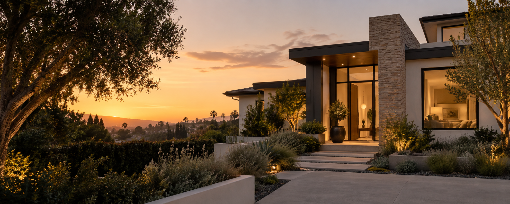 Contemporary Southern California home at sunset